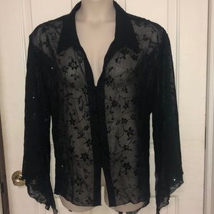 Sheer Black Sparkle Floral Collared Blouse